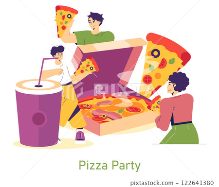Pizza Party concept. A lively gathering featuring friends enjoying delicious pizza together. Highlights include a large pizza box overflowing with various toppings and cheerful participants sharing Pizza Party concept. A lively gathering featuring friends enjoying delicious pizza together. Highlights include a large pizza box overflowing with various toppings and cheerful participants sharing 122641380