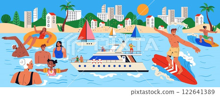 Beach vacation illustration. A lively seaside scene filled with people enjoying water activities. Swimming, surfing, and boat rides create a festive atmosphere under the sun. Ideal for travel and Beach vacation illustration. A lively seaside scene filled with people enjoying water activities. Swimming, surfing, and boat rides create a festive atmosphere under the sun. Ideal for travel and 122641389