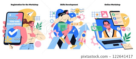 Workshops concept. Engaging vector illustrations highlighting various aspects of workshops, from registration to skills development and online participation. Emphasizing learning opportunities. Vector Workshops concept. Engaging vector illustrations highlighting various aspects of workshops, from registration to skills development and online participation. Emphasizing learning opportunities. Vector 122641417