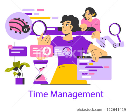 Time management illustration shows individuals utilizing tools and techniques to enhance productivity. Highlights time-saving strategies, planning, and organization for personal and professional Time management illustration shows individuals utilizing tools and techniques to enhance productivity. Highlights time-saving strategies, planning, and organization for personal and professional 122641419