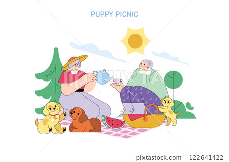 Puppy picnic. A lively outdoor gathering featuring two elderly individuals enjoying tea beside their playful puppies. The scene captures the essence of joy and companionship in nature. Pet-friendly 122641422