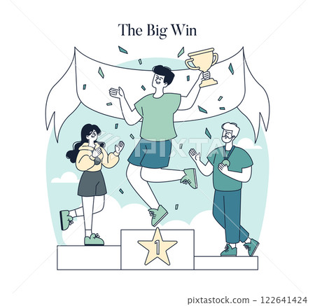 Celebration of victory concept. An athlete stands joyfully on the winner's podium holding a trophy, while supporters cheer on. Success and achievement theme. Vector illustration. Celebration of victory concept. An athlete stands joyfully on the winner's podium holding a trophy, while supporters cheer on. Success and achievement theme. Vector illustration. 122641424