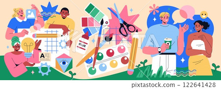 Workshops illustration. Engaging learning experiences showcase creativity and collaboration. People are participating in hands-on activities, sharing ideas, and using various art materials. Vector Workshops illustration. Engaging learning experiences showcase creativity and collaboration. People are participating in hands-on activities, sharing ideas, and using various art materials. Vector 122641428