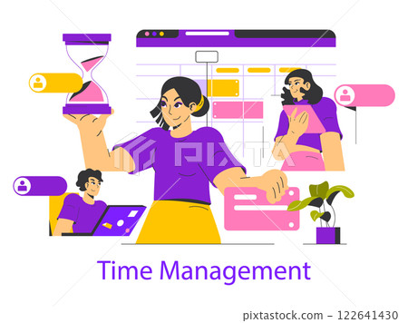 Time management concept illustrated through diverse characters engaging with technology. Features a woman holding an hourglass, demonstrating effective use of time with digital tools. Vector Time management concept illustrated through diverse characters engaging with technology. Features a woman holding an hourglass, demonstrating effective use of time with digital tools. Vector 122641430