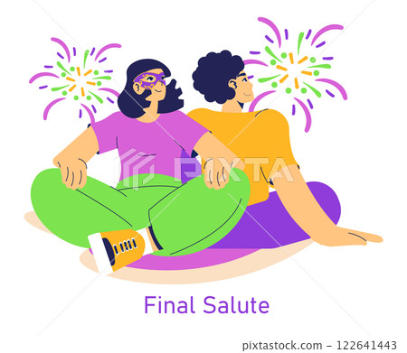 Mardi Gras celebration illustration. Two friends enjoy the festive atmosphere, surrounded by colorful fireworks. The scene captures the joyful spirit and camaraderie of this vibrant carnival 122641443