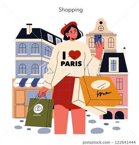 Eurotour concept. A shopper experiences the vibrant streets of Paris while immersed in a love for fashion and culture. Captures excitement, exploration, and iconic shopping moments. Vector 122641444