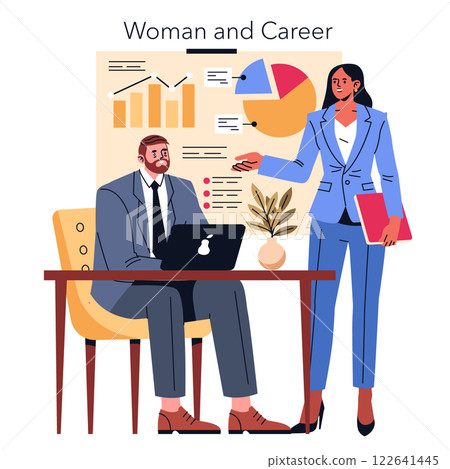 Celebrating International Women's Day, this illustration portrays a confident woman engaging in a professional setting. She stands beside a man at a desk, showcasing her leadership skills. The Celebrating International Women's Day, this illustration portrays a confident woman engaging in a professional setting. She stands beside a man at a desk, showcasing her leadership skills. The 122641445