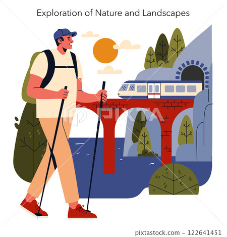Eurotour concept. Adventure and scenic landscapes are illustrated through a hiker exploring nature, with a train crossing a bridge in the background. This captures the essence of travel and Eurotour concept. Adventure and scenic landscapes are illustrated through a hiker exploring nature, with a train crossing a bridge in the background. This captures the essence of travel and 122641451