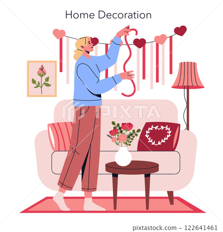 Valentine's Day home decoration scene. A woman decorates her living space with hearts and ribbons, creating a festive atmosphere for celebrating love. This cozy setting features floral elements and a 122641461