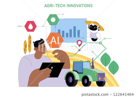 National Agriculture Day concept. Illustration of a farmer using AI and technology for modern farming practices. Advances in agri-tech for sustainable agriculture. Vector illustration. National Agriculture Day concept. Illustration of a farmer using AI and technology for modern farming practices. Advances in agri-tech for sustainable agriculture. Vector illustration. 122641464