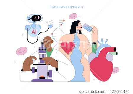 Health and longevity concept. This illustration emphasizes the intersection of human health and advanced technology. It features a scientist, AI, and symbols of wellness. The image promotes innovation Health and longevity concept. This illustration emphasizes the intersection of human health and advanced technology. It features a scientist, AI, and symbols of wellness. The image promotes innovation 122641471