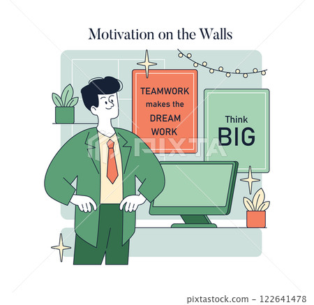 Motivation on the Walls concept. This illustration captures the essence of inspiration in a workspace, emphasizing messages like "TEAMWORK makes the DREAM WORK" and "Think BIG." It conveys a positive 122641478