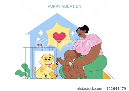 Puppy Adoption Concept. A joyful scene of a puppy meeting a child, highlighting the bond in pet adoption. Celebrates the excitement of welcoming a new furry friend into a loving home. Vector 122641479