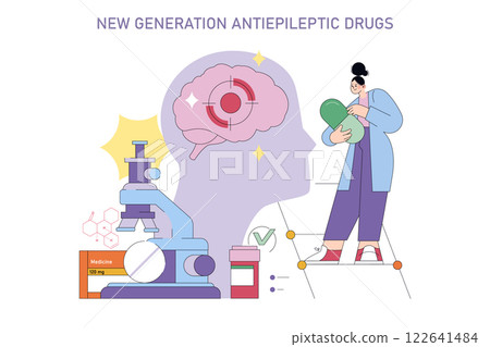 International Epilepsy Day promotes awareness of epilepsy and advances in treatment. This illustration highlights new generation antiepileptic drugs, featuring a scientist, a brain model, and a 122641484
