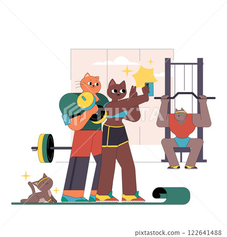 A group of animated animals engages in fitness activities, showcasing teamwork and fun. The characters are lifting weights and capturing their workout moments, promoting an active lifestyle. Vector A group of animated animals engages in fitness activities, showcasing teamwork and fun. The characters are lifting weights and capturing their workout moments, promoting an active lifestyle. Vector 122641488