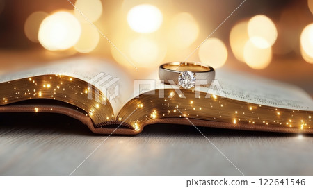 Elegant Diamond Ring Resting on an Open Book with Sparkling Lights 122641546
