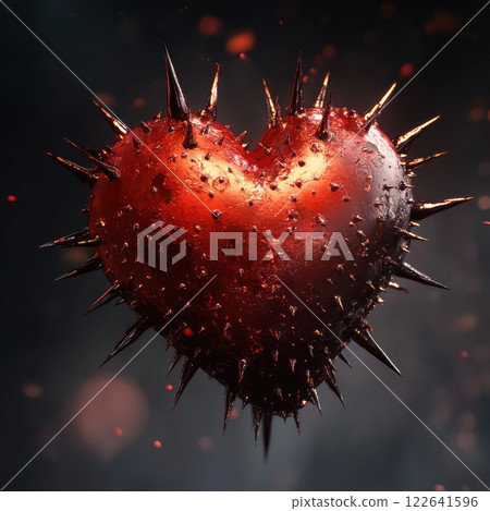 A bleeding red heart pierced by sharp spikes  symbolizing painful love  heartbreak  and toxic relationships in a dark  emotional concept. 122641596