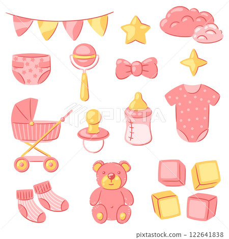 Baby shower set of objects. New born baby girl Happy Birthday. 122641838