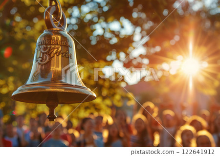 School bell ringing with students in background at sunset 122641912