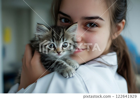 Veterinarian holding kitten in clinic 122641929