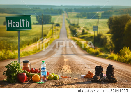 Healthy Lifestyle Choice Concept with Road Sign and Food Contrast 122641935