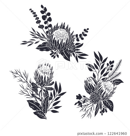 Black silhouettes of tropical protea flowers and leaves bouquets set 122641960