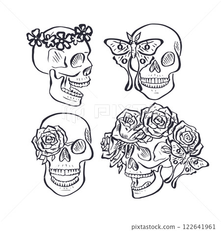 Hand drawn black silhouette floral human skulls with rose wreath bundle isolated on white background 122641961