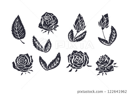 Hand drawn rose flowers and leaves black silhouettes set isolated on white background 122641962