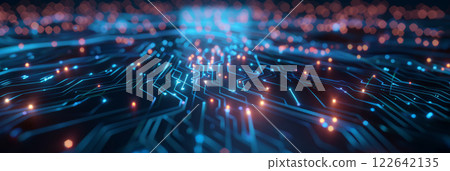 Intricate network of glowing blue circuits and wires, set against a dark, futuristic background. 122642135