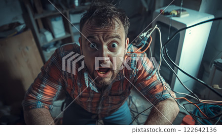 A man working on home electrical repairs, caught in the moment of being shocked by a faulty wire, his expression frozen in surprise and pain. 122642136