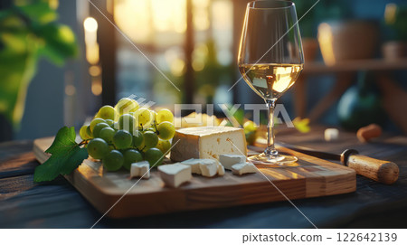 A modern, minimalist board featuring a few select cheeses, garnished with grapes and paired with a glass of white wine. 122642139