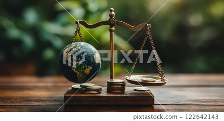 A set of scales balancing the Earth on one side and coins or financial reports on the other, showing the balance between sustainability and profitability under ESG principles. 122642143