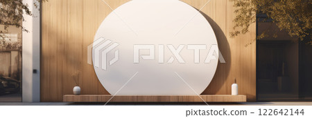 An elegant, minimalist wooden wall with clean light wooden panels that features a blank round sign. An elegant, minimalist wooden wall with clean light wooden panels that features a blank round sign. 122642144
