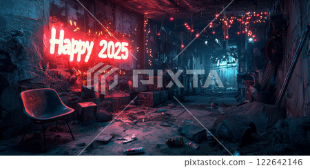 survivors celebrate New Year's in a dilapidated underground bunker with homemade decorations and a glowing Happy 2025 sign on the wall. 122642146