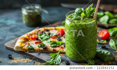 A vibrant green smoothie oozing freshness, contrasted with an oily pizza slice dripping with cheese. 122642152