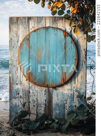 A weathered wooden wall with a round signboard by the seaside, waves in the background. 122642155