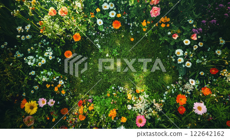 Aerial perspective of a lush grass field with a variety of flowers 122642162