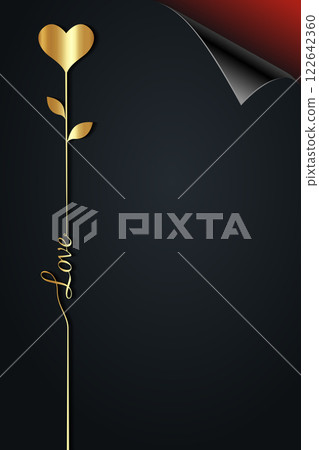 Gold Love handwritten, heart symbol on black curled page. Valentine's day or Mother's day luxury frame border concept, minimalist paper card template, copy space, vector illustration Gold Love handwritten, heart symbol on black curled page. Valentine's day or Mother's day luxury frame border concept, minimalist paper card template, copy space, vector illustration 122642360