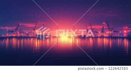dockyard at night, with subtle lighting from ships and cranes. 122642583