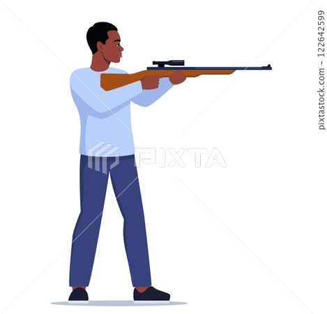 Sport shooting. Aiming man with rifle. Outdoor hobby, hunting. Black man shooter defends property. Military outdoor skills. Vector. 122642599