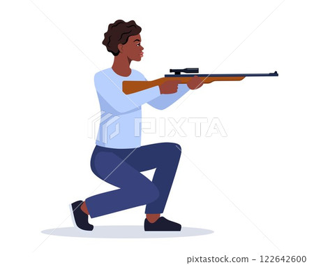Sport shooting. Aiming black woman with rifle. Outdoor hobby, hunting. Woman shooter defends property. Military outdoor skills. Vector. 122642600
