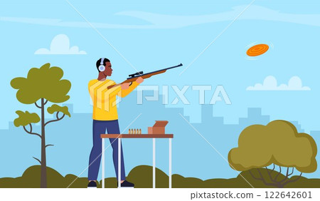 Black man with shotgun practicing clay pigeon shooting. Vector illustration for web and mobile design. 122642601