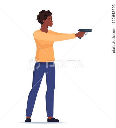 Sport shooting. Aiming black woman with pistol. Outdoor hobby, shooting. Female shooter defends property. Military outdoor skills. Vector. 122642603