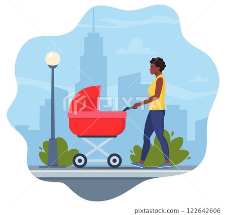 Young mother walking with a newborn that is in the pram. African American Woman with baby stroller walks through the city. Colorful vector illustration in flat style. 122642606