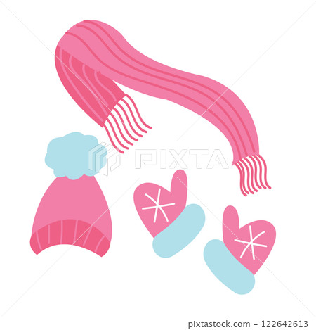 Set of knitted pink hat, scarf and mittens. Simple flat icons in cartoon style. Vector illustration isolated on white background. 122642613