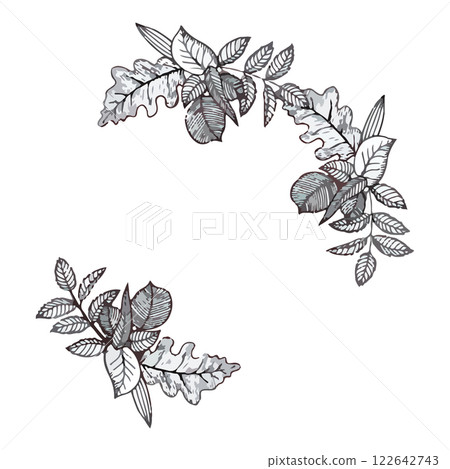 Hand drawn wreath of autumn leaves in doodle style. Vector illustration isolated on white background. 122642743