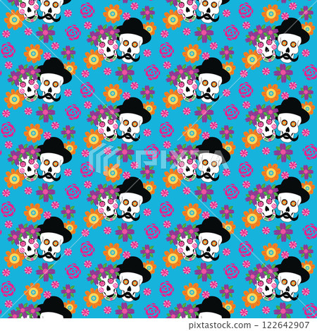 Skulls of the dead day. Mexican sugar man head halloween tattoo to honor death. Seamless pattern. 122642907