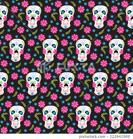 Skulls of the dead day. Mexican sugar man head halloween tattoo to honor death. Seamless pattern. 122642908