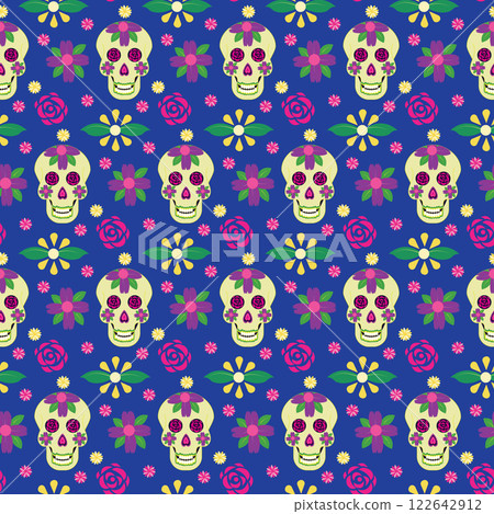 Skulls of the dead day. Mexican sugar man head halloween tattoo to honor death. Seamless pattern. Skulls of the dead day. Mexican sugar man head halloween tattoo to honor death. Seamless pattern. 122642912