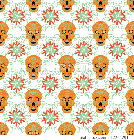 Skulls of the dead day. Mexican sugar man head halloween tattoo to honor death. Seamless pattern. Skulls of the dead day. Mexican sugar man head halloween tattoo to honor death. Seamless pattern. 122642913